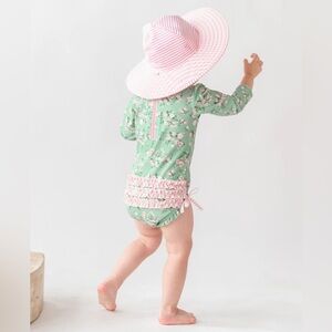 Ruffle Butts Long Sleeve One Piece Rash Guard Swimsuit with Matching Hat